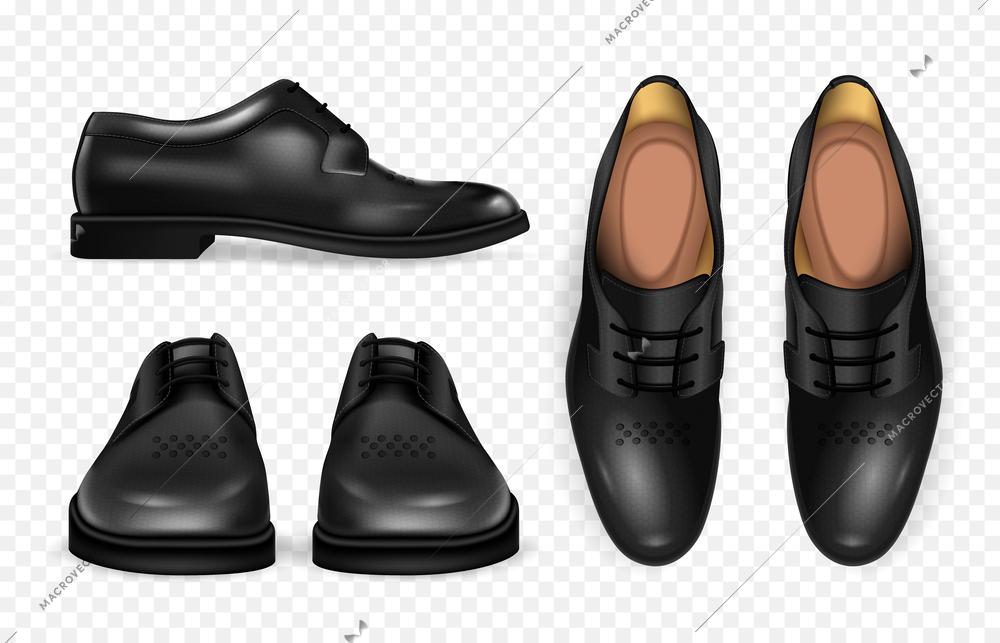 Realistic black boots transparent set with footwear symbols isolated vector illustration