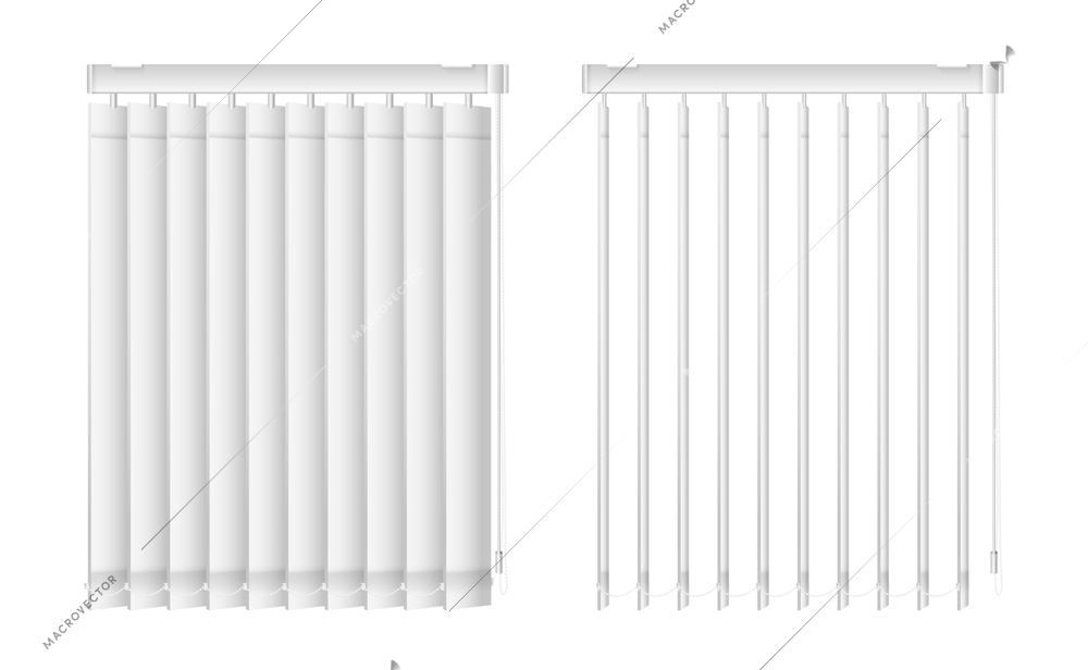 Realistic window blinds set with two isolated views of modern office blinds drawn and half open vector illustration