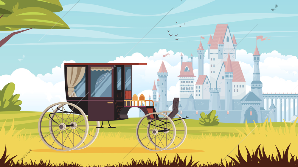 Vintage passenger carriage background with castle and cab realistic vector illustration