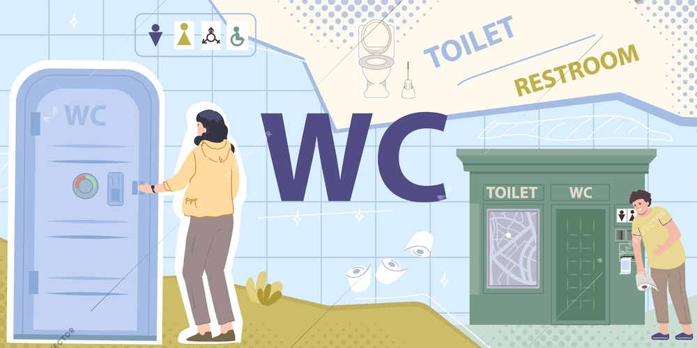 Public toilet flat collage with various types of restroom and gender signs vector illustration