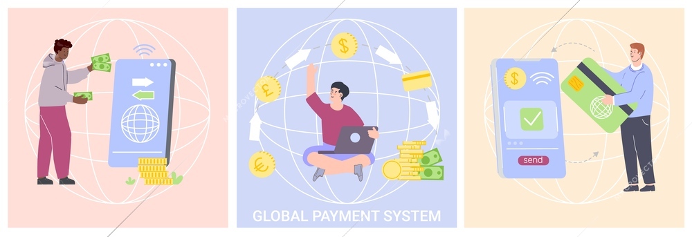 Global payment system design concept set of three flat square illustrations with people sending money around world isolated vector illustration