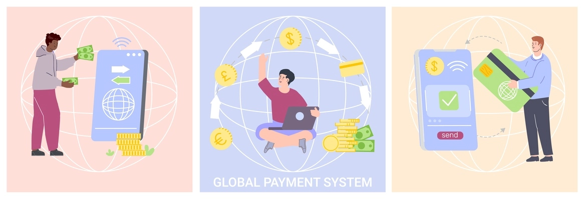 Global payment system design concept set of three flat square illustrations with people sending money around world isolated vector illustration