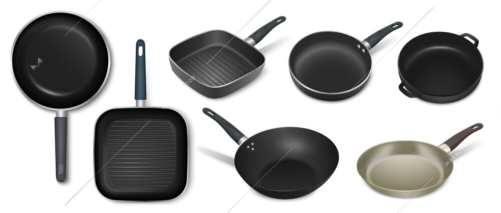 Pan dishes realistic set of different form items with cast aluminium body and ergonomic handles isolated vector illustration