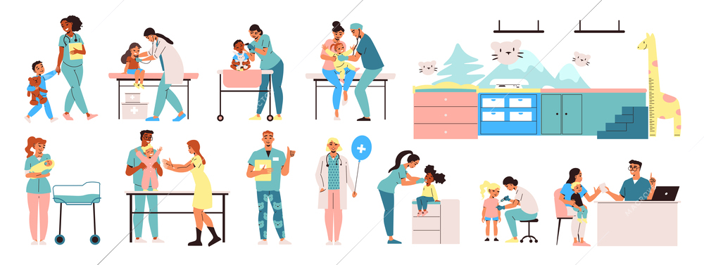 Pediatrics set with friendly pediatricians examining babies and children flat isolated vector illustration