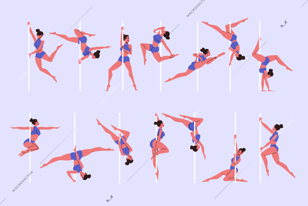 Flat set of female pole dancers isolated on color background vector illustration