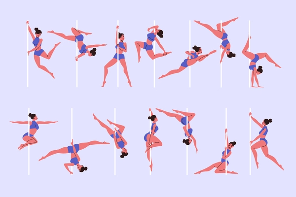 Flat set of female pole dancers isolated on color background vector illustration