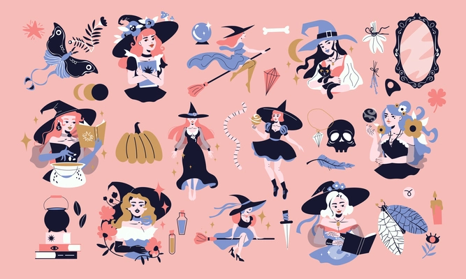 Flat set of young witches using various magical tools isolated on pink background vector illustration