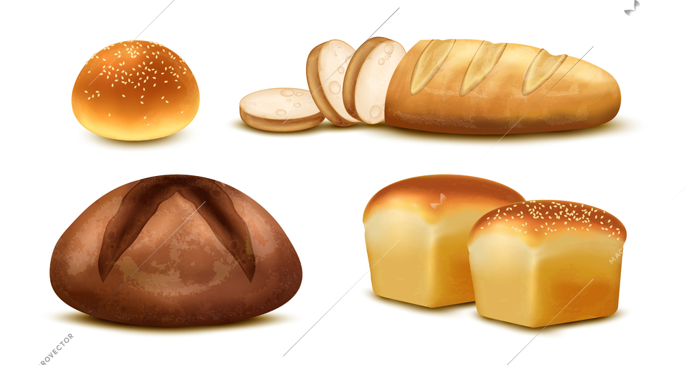 Bakery realistic set with wheat and rye bread sliced loaf and bun with sesame isolated vector illustration