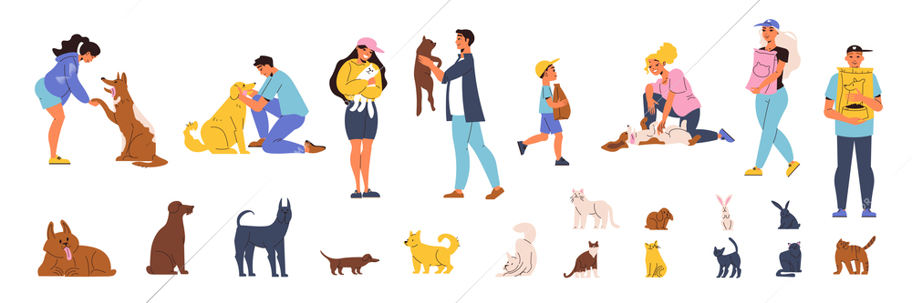 Pet shelter flat set of animals and people hugging them and helping with food isolated vector illustration