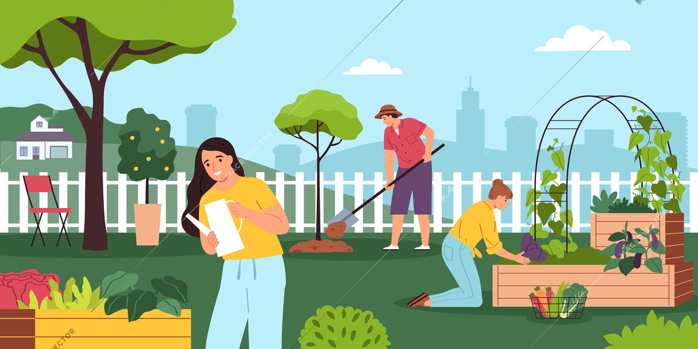 Community garden flat vector illustration with people working in city park planting and watering flowers digging up trees