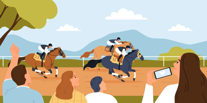 Horse racing competition flat background with competitors and cheering fans characters in hippodrome vector illustration