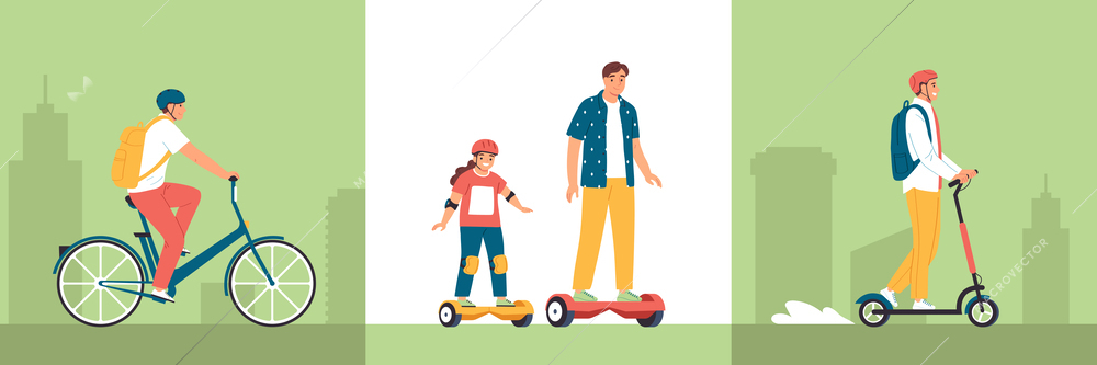 Eco transport three square compositions with adult and children riding on scooter bicycle gyro scooter vector illustration