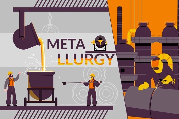 Metallurgy production composition with collage of flat icons of pouring liquid metal with workers and text vector illustration