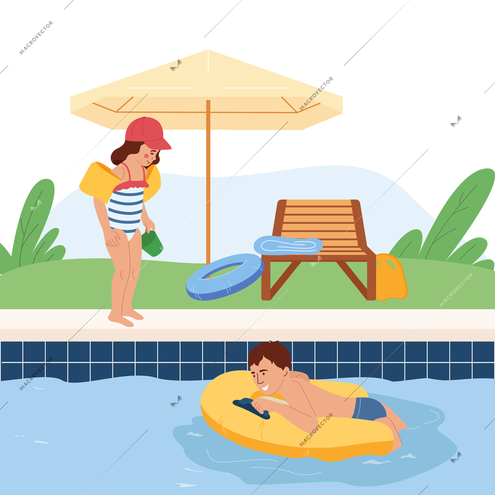 Kids using safety equipment inflatable ring and armbands in swimming pool flat concept vector illustration