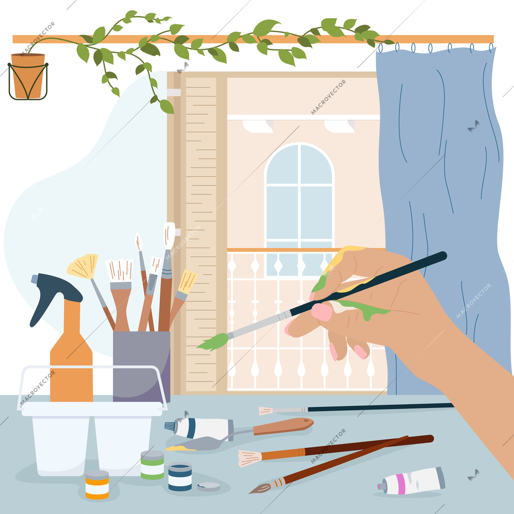 Female artist hand holding paintbrush flat composition with oil and gouache paints spatula brushes and window in background vector illustration