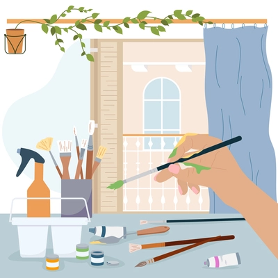 Female artist hand holding paintbrush flat composition with oil and gouache paints spatula brushes and window in background vector illustration