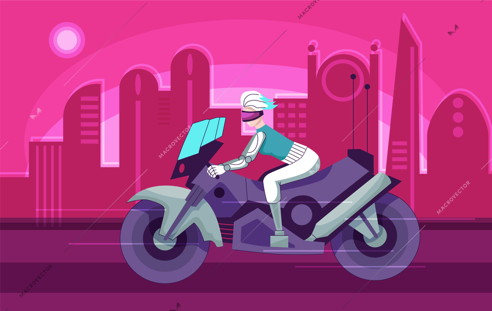 Futuristic cyberpunk people urban background with female robot racing fast on motorcycle flat vector illustration