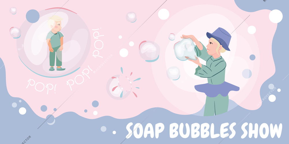 Soap bubbles show composition with collage of flat icons doodle characters of artists and popping bubbles vector illustration