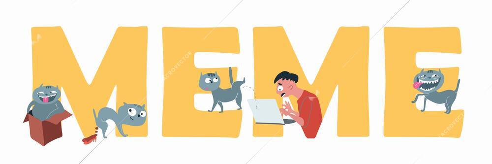 Troll faces composition with flat text and funny cartoon style characters of cats emotions and man vector illustration