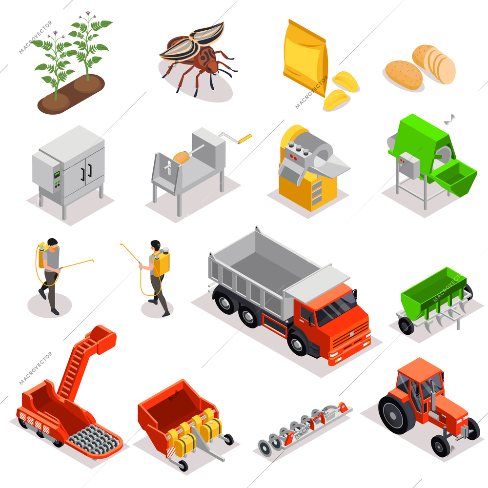 Potato chips production isometric set with isolated icons of drying and baking units people and agricultural vehicles vector illustration