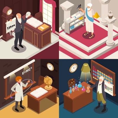 Famous scientists isometric set of four square compositions with antique vintage interiors with big inventors workplaces vector illustration