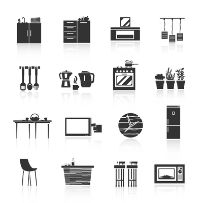 Kitchen furniture and utensils black icons set isolated vector illustration