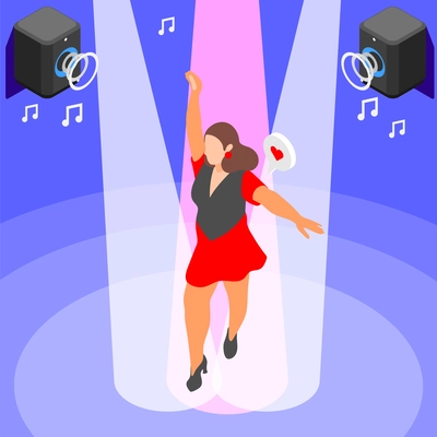 Happy confident overweight woman performing on stage in spotlight isometric background 3d vector illustration