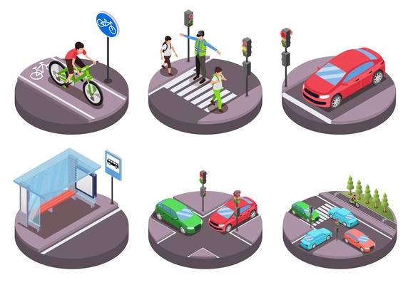 Road rules isometric compositions with situations on roadway crossroad crosswalk bus stop isolated vector illustration