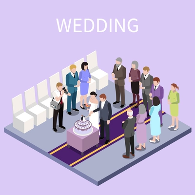 Wedding ceremony marriage isometric composition with text and isolated view of newyweds cutting cake with guests vector illustration