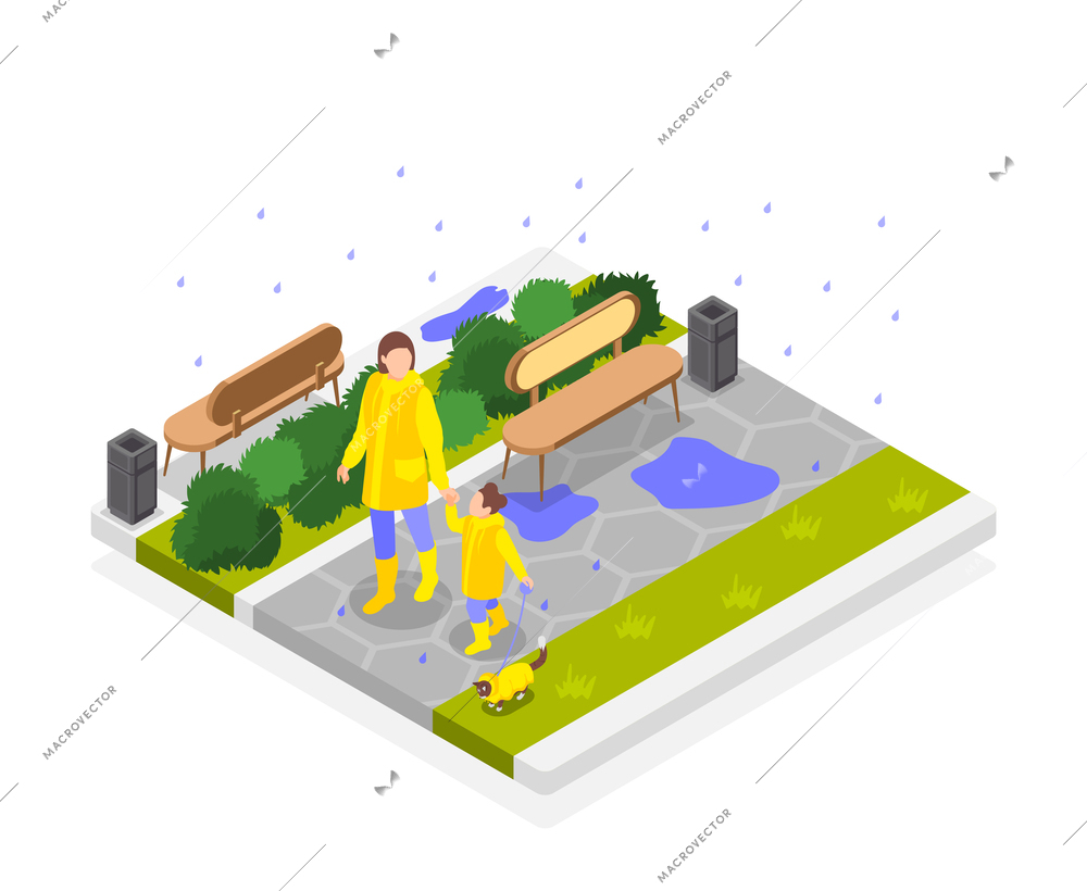 Rainy day isometric composition with isolated view of park lane with walking woman child and cat vector illustration