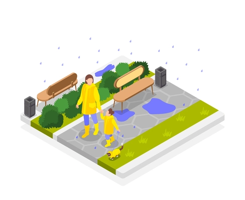 Rainy day isometric composition with isolated view of park lane with walking woman child and cat vector illustration