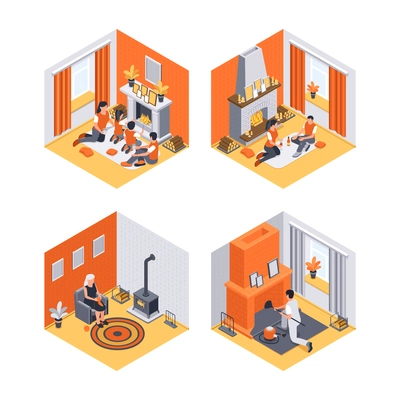 Isometric fireplaces set of compositions with isolated views of rooms with human characters and burning chimney vector illustration