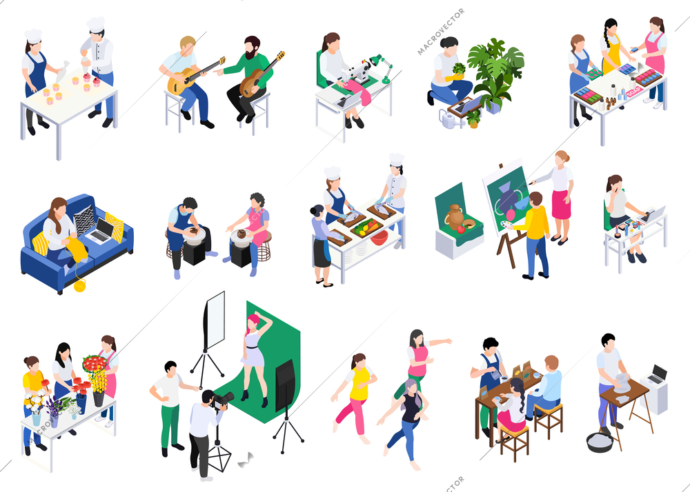 Master class workshop group learning practice isometric set of isolated icons with human characters of artists vector illustration