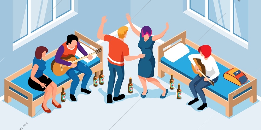 Students party in university or college dorm room isometric composition with friends playing guitar and dancing vector illustration