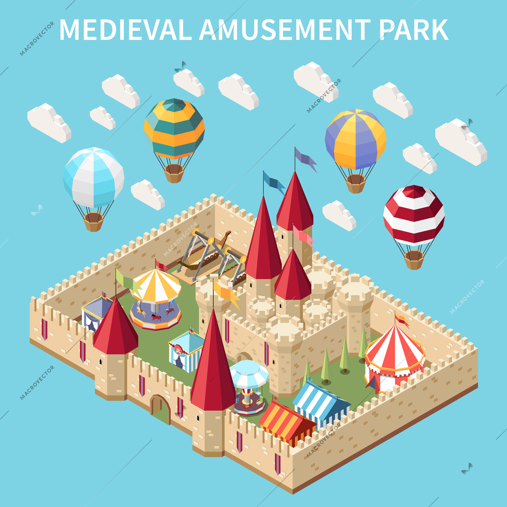 Amusement park isometric composition with isolated view of fortress style territory with attractions circus big tops vector illustration