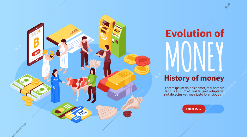 Isometric money evolution horizontal banner with slider more button editable text and human characters with money vector illustration