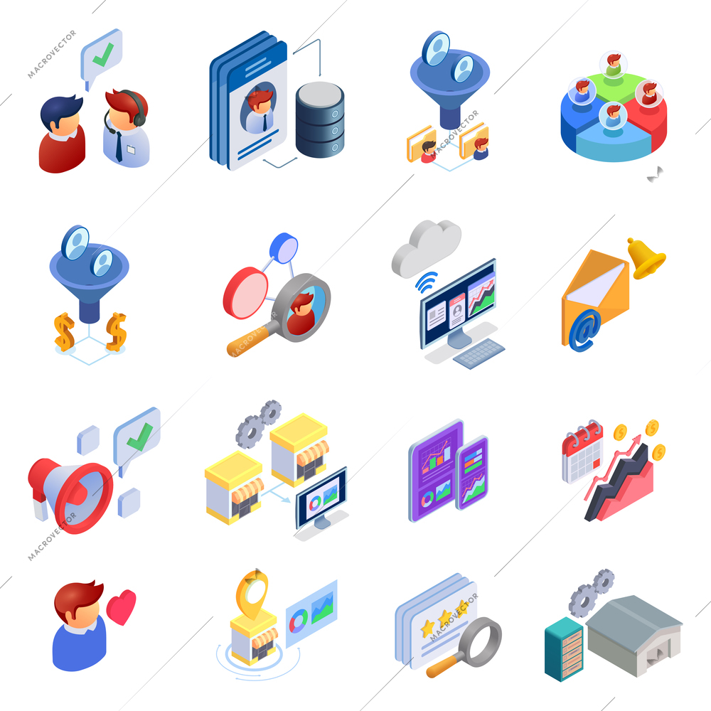 CRM isometric icons set with customer relationship and client management isolated vector illustration
