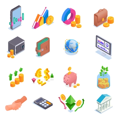 Business investment isometric icons set with financial management symbols isolated vector illustration