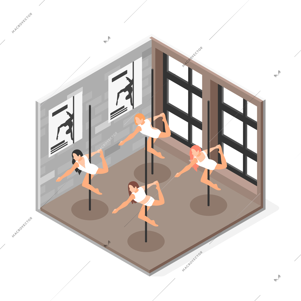 Four female pole dancers during training at dancing school isometric composition vector illustration
