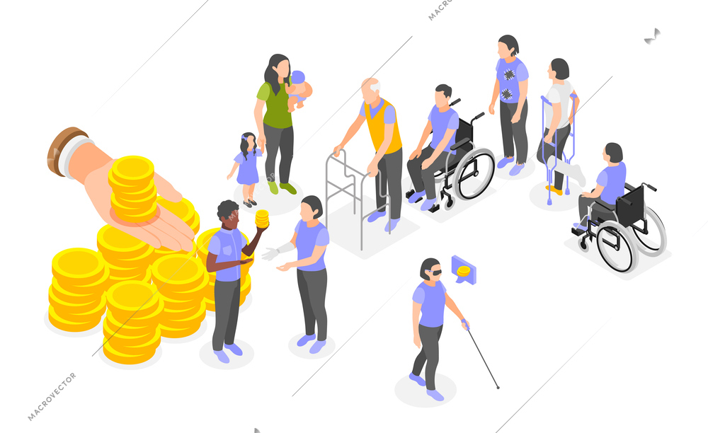 Social insurance financial support for parents disabled and senior people isometric concept vector illustration