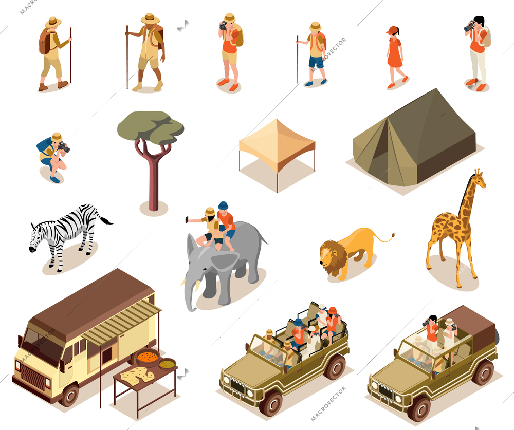 Safari tourist set with wild nature symbols isometric isolated vector illustration