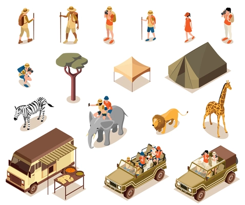 Safari tourist set with wild nature symbols isometric isolated vector illustration