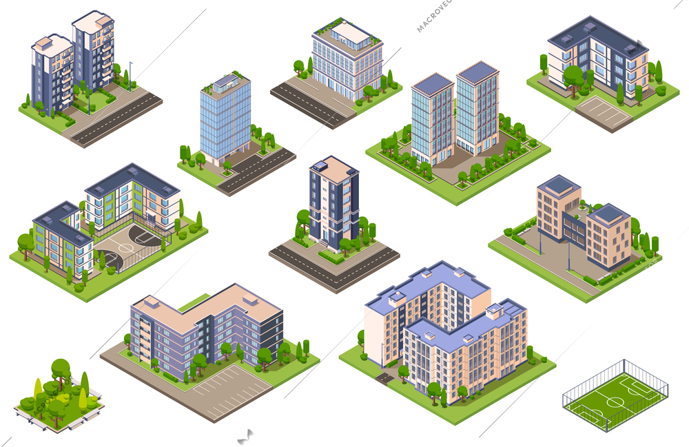 City buildings isometric set of recolored images with isolated city blocks and modern residential apartment houses vector illustration