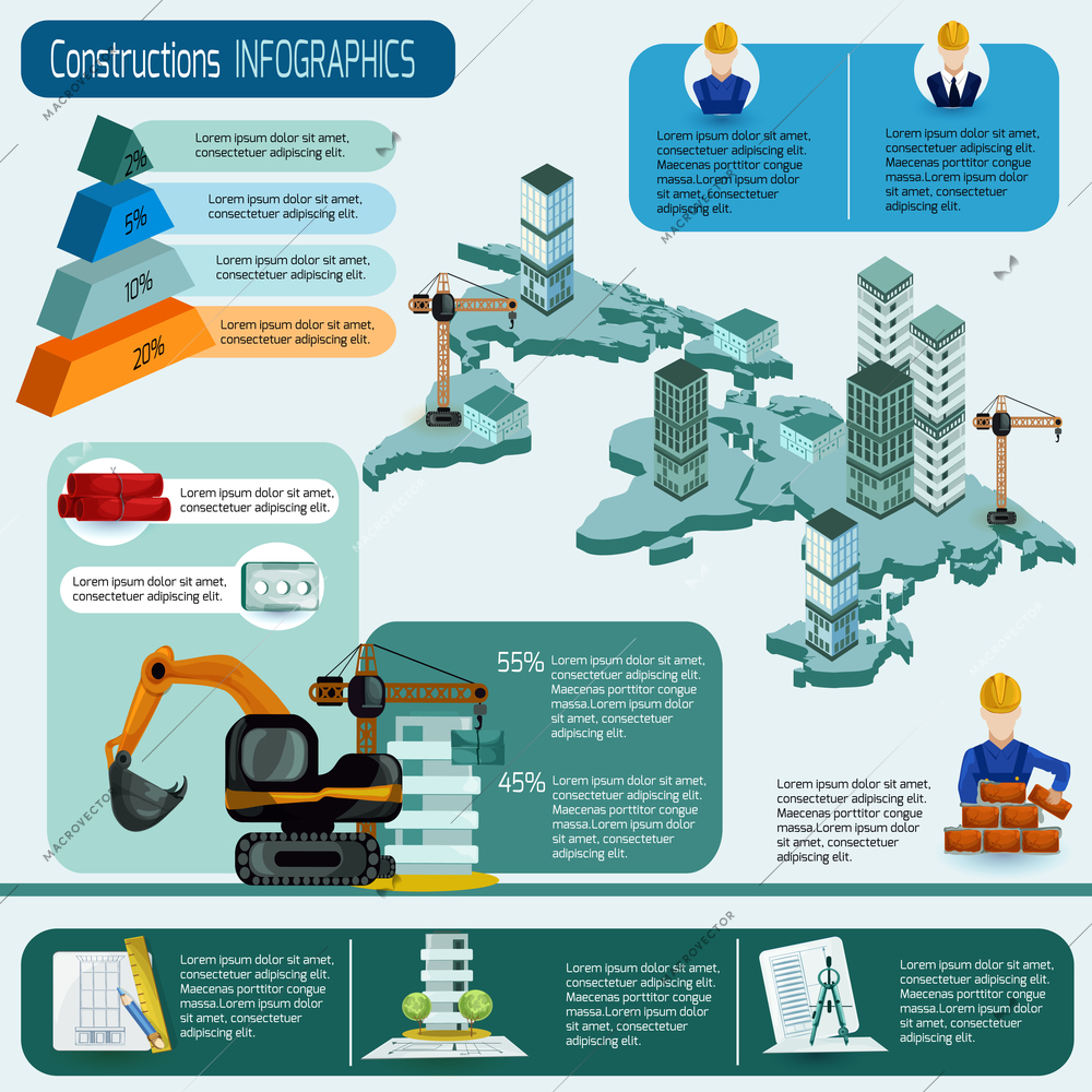 Construction infographics set with isometric house architecture elements and charts vector illustration