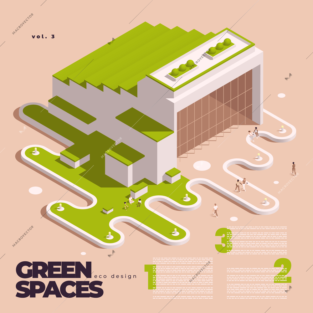 Urban city green spaces eco design isometric concept with large green building with an adjacent area and residents who walk nearby vector illustration