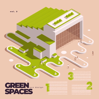 Urban city green spaces eco design isometric concept with large green building with an adjacent area and residents who walk nearby vector illustration