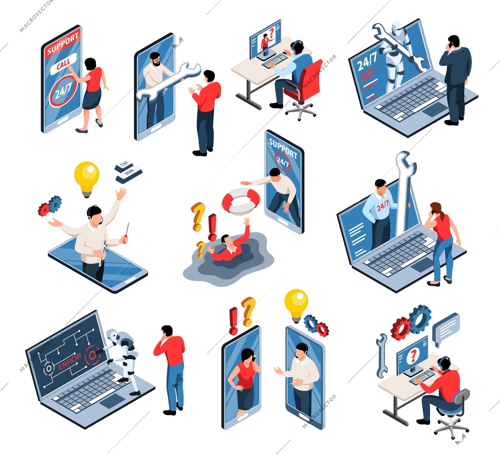 Technical support isometric set of specialists and hotline consultants  providing customer assistance isolated on white background vector illustration