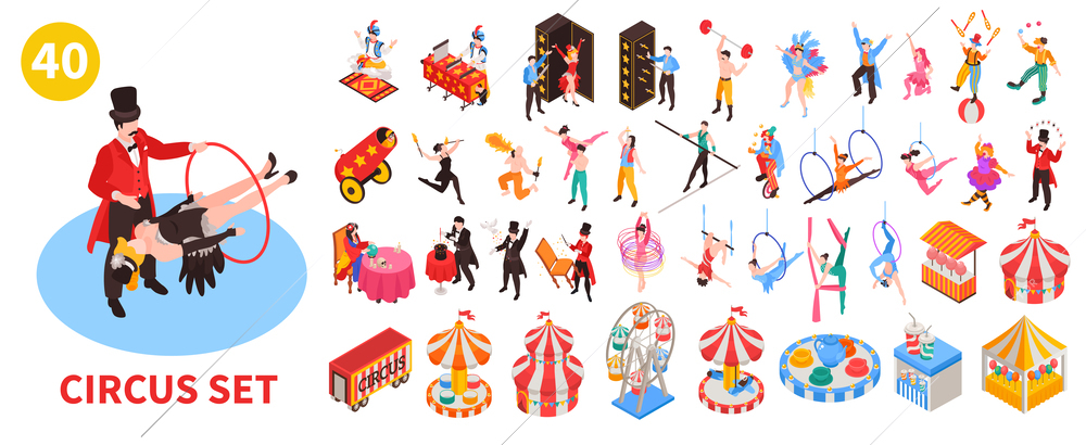 Isometric circus big set with isolated icons of circus performers with big top and amusement rides vector illustration