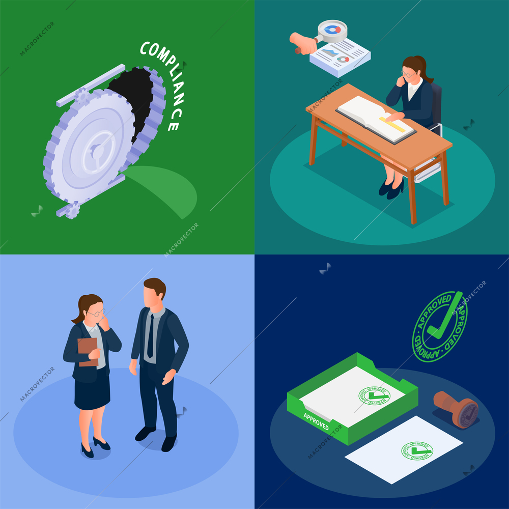 Financial regulation isometric concept set with compliance and audit symbols isolated vector illustration