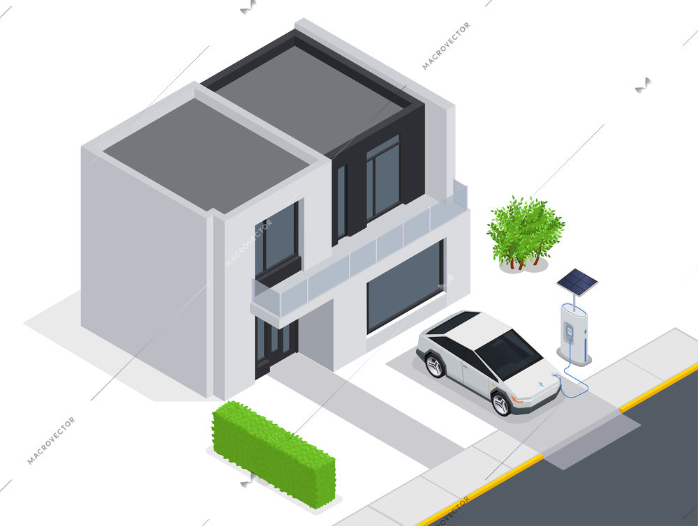Electromobile isometric concept with electric car charging in front of private house vector illustration